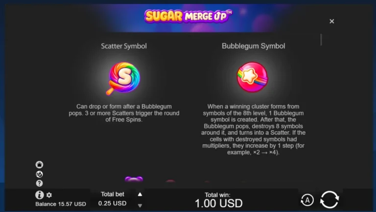 Sugar Merge Up rules page explaining Scatter and Bubblegum symbols