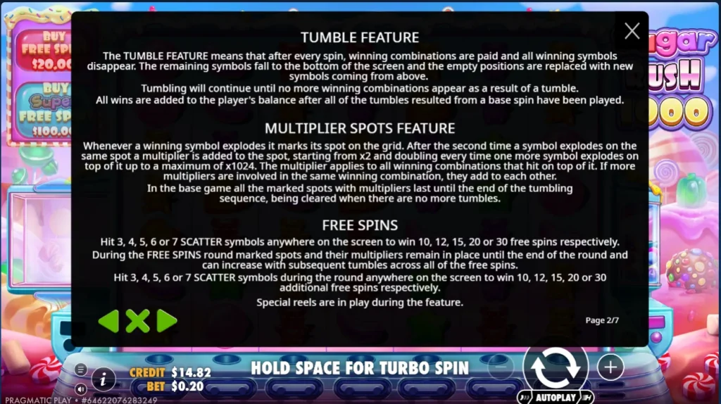 Sugar Rush 1000 game rules screen explaining tumble, multiplier spots, and free spins