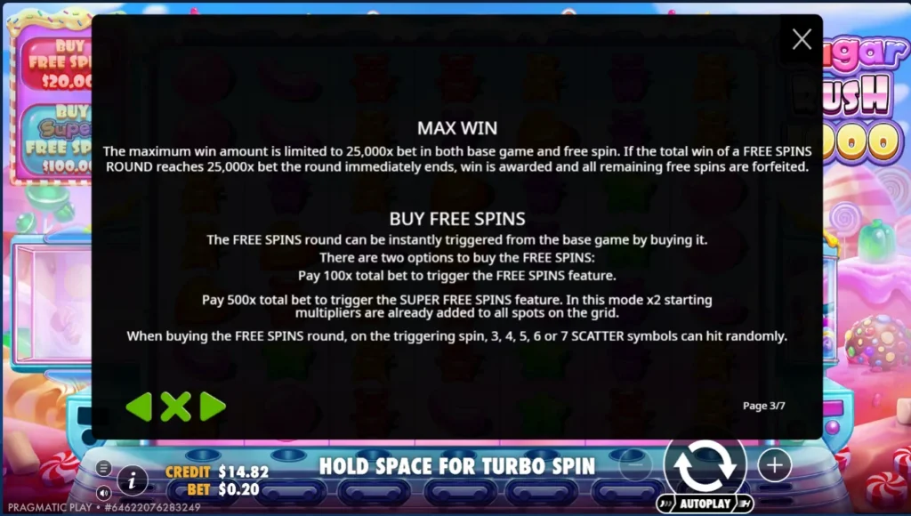 Sugar Rush 1000 rules screen showing max win limit and buy free spins options