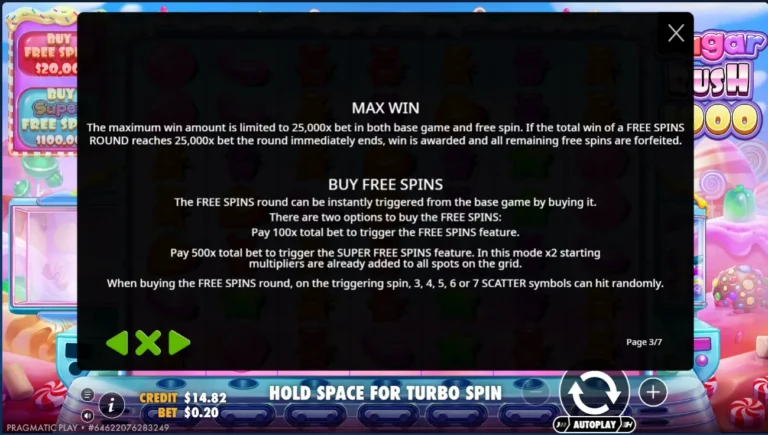 Sugar Rush 1000 rules screen showing max win limit and buy free spins options