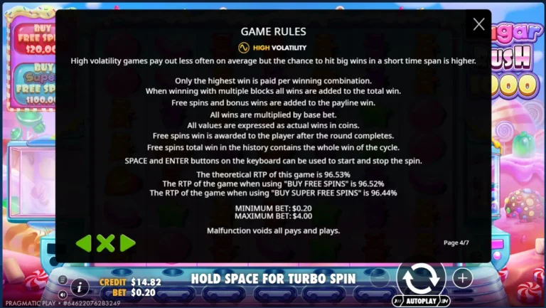 Sugar Rush 1000 game rules display showing RTP and bet limits