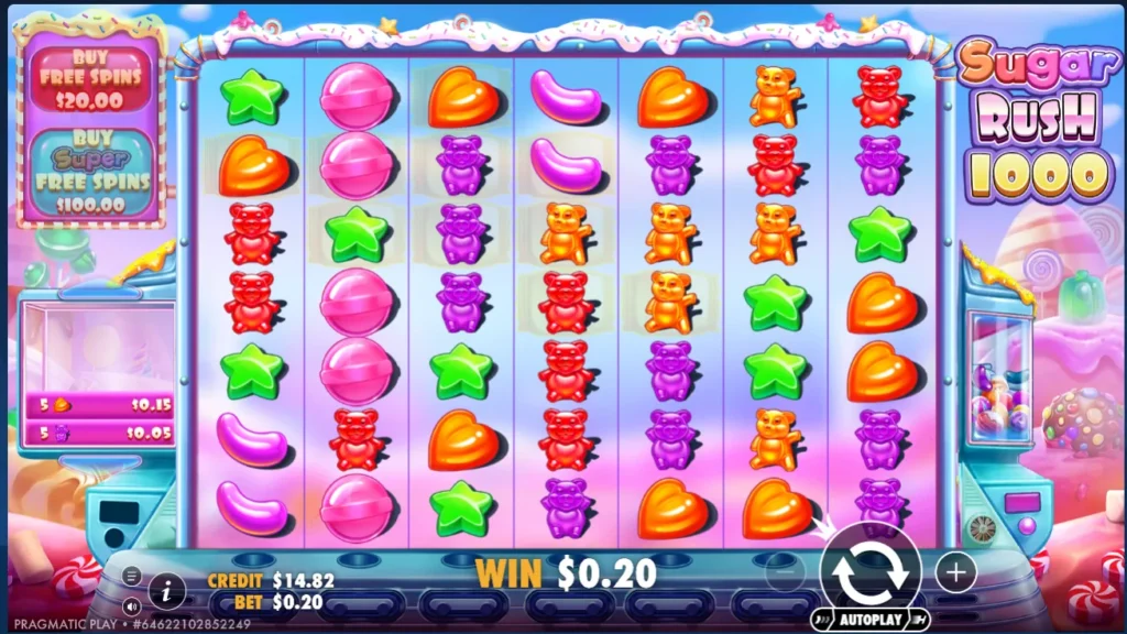 Sugar Rush 1000 7x7 gameplay screen displaying candy symbols, bonus buy buttons, and current win
