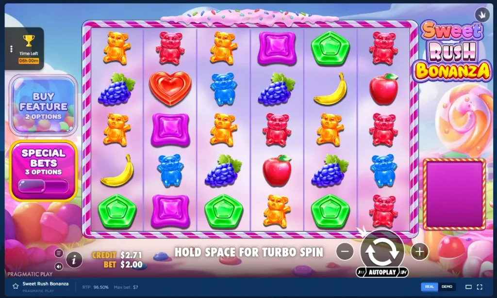 Sweet Rush Bonanza gameplay: 6x5 candy grid, Buy Feature and Special Bets buttons with gummy bear symbols.