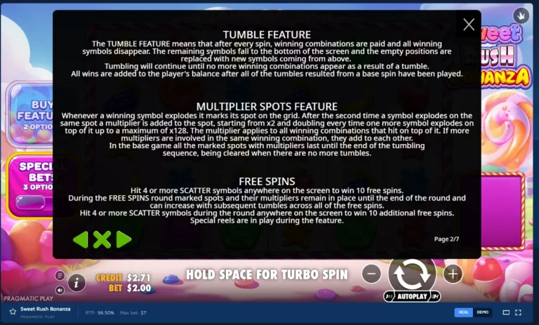 Sweet Rush Bonanza game rules screen explaining Tumble Feature, Multiplier Spots, and Free Spins.