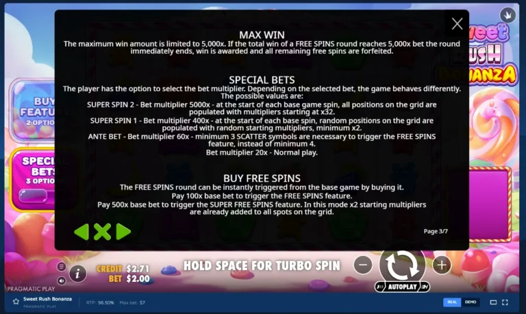 Sweet Rush Bonanza rules screen detailing Max Win, Special Bets options, and Buy Free Spins feature costs.