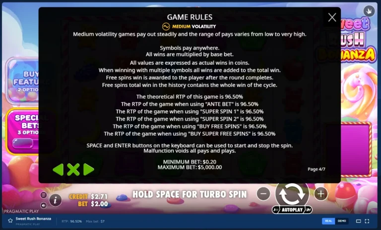Sweet Rush Bonanza rules screen: Game Rules overlay showing Medium Volatility, RTP values, and bet limits.