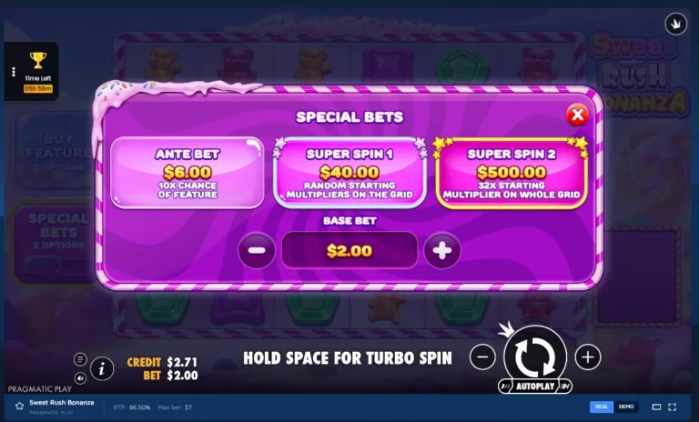 Sweet Rush Bonanza Special Bets window showing Ante Bet, Super Spin 1, and Super Spin 2 options.