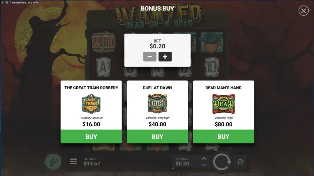 Wanted Dead or a Wild bonus buy screen with three purchase options