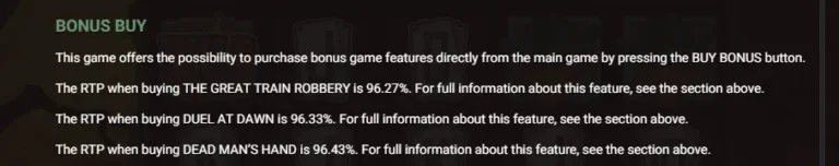 Wanted Dead or a Wild bonus buy rules screen showing feature RTP percentages