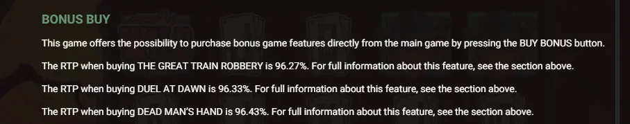 Wanted Dead or a Wild bonus buy rules screen showing feature RTP percentages