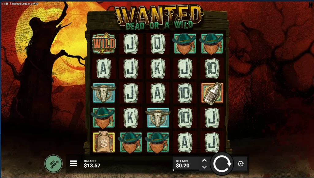 Wanted Dead or a Wild base game reels display on a 5x5 grid with western-themed symbols.