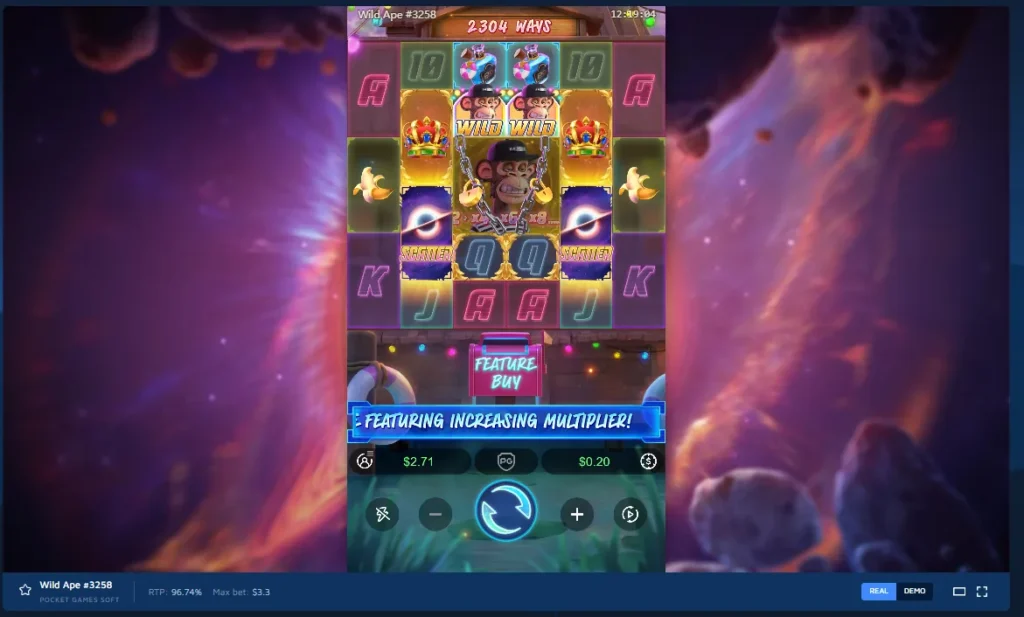 Wild Ape #3258 gameplay: vertical slot reels with chained ape wild symbol, 2304 ways, and spin controls.