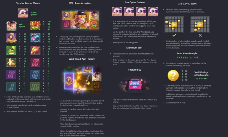 Wild Ape #3258 rules screen detailing symbol payouts, Wild features, Free Spins, and ways to win calculations.