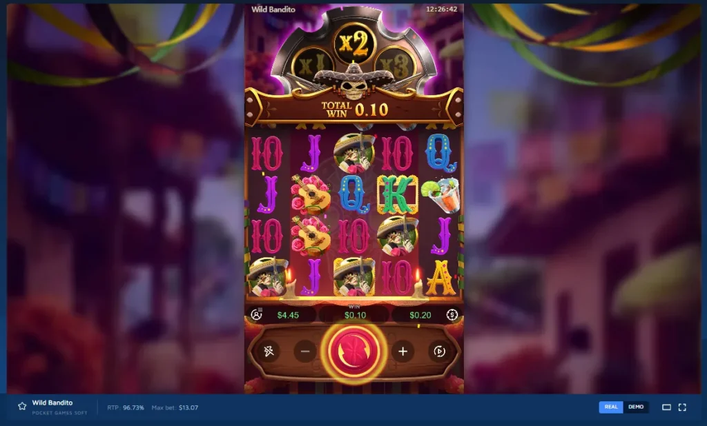 Wild Bandito gameplay: 5x4 slot grid with skeleton bandito symbols, multiplier meter, and spin controls.