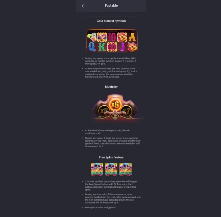 Wild Bandito paytable detailing Gold Framed Symbols, win multiplier increments, and Free Spins trigger rules.