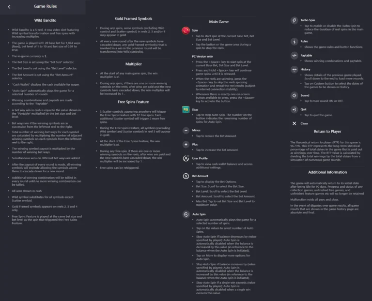 Wild Bandito rules screen: detailed gameplay instructions, feature explanations, and RTP information.