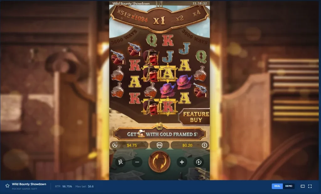 Wild Bounty Showdown gameplay: Western slot grid with masked bandit symbols, top multipliers, and feature buy button