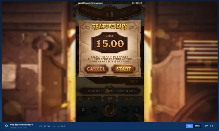 Wild Bounty Showdown Feature Buy dialog showing cost of 15.00 with Cancel and Start buttons over the saloon reels.