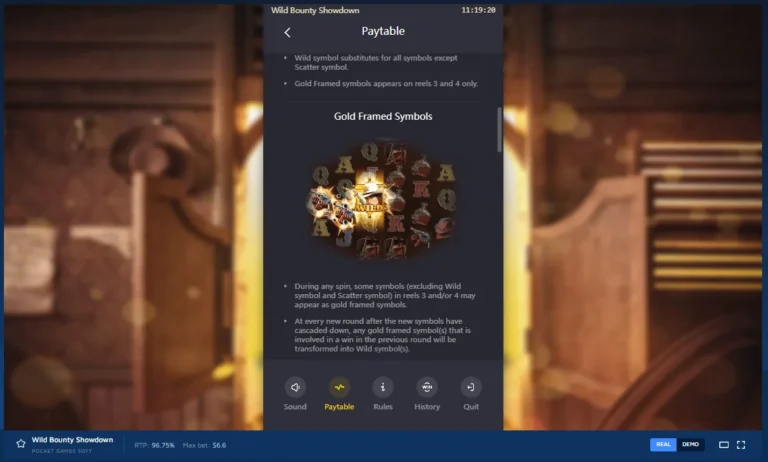 Wild Bounty Showdown paytable screen explaining the Gold Framed Symbols feature and wild transformations.