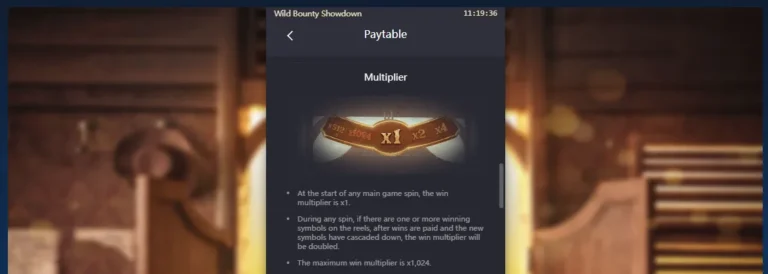 Wild Bounty Showdown paytable: Multiplier feature details and progression scale up to x1,024.