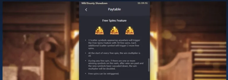 Wild Bounty Showdown paytable: Free Spins Feature explanation with Scatter gold bar symbols and multiplier rules.