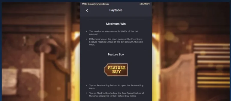 Wild Bounty Showdown paytable screen explaining Maximum Win limits and the Feature Buy option.