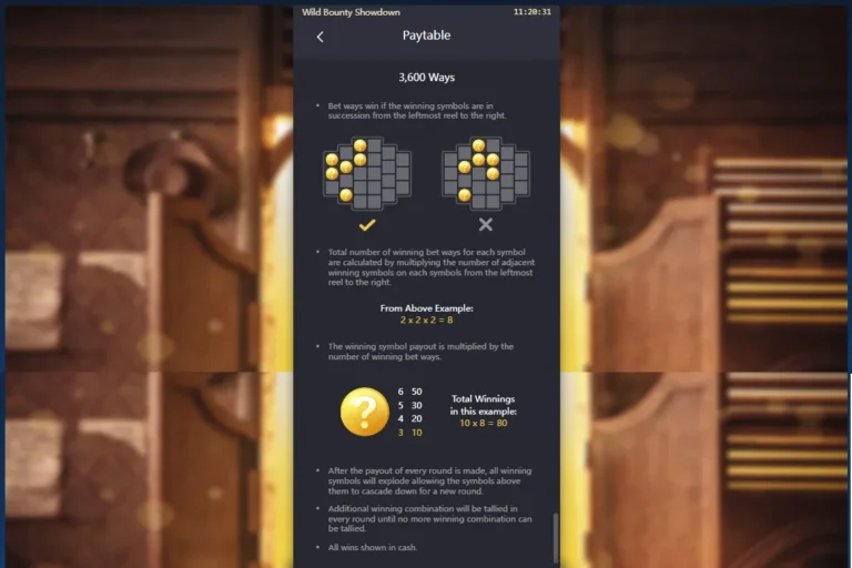 Wild Bounty Showdown paytable screen explaining 3,600 ways mechanic, win calculation, and cascading reels.