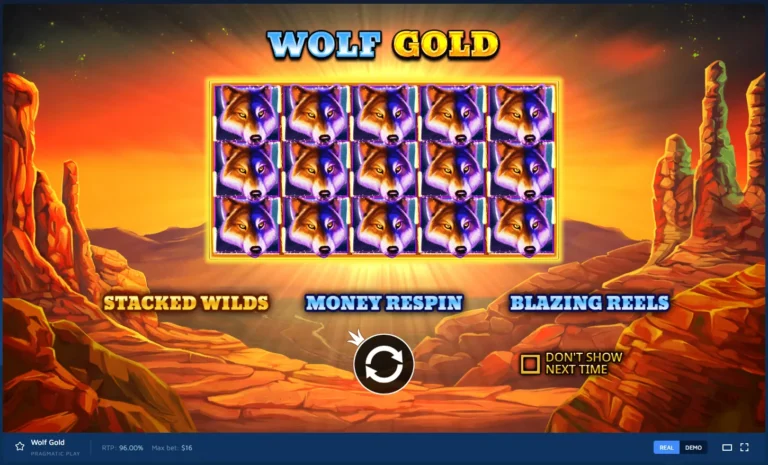 Wolf Gold intro screen showing full screen of wolf symbols, features, and start button in a desert canyon setting.