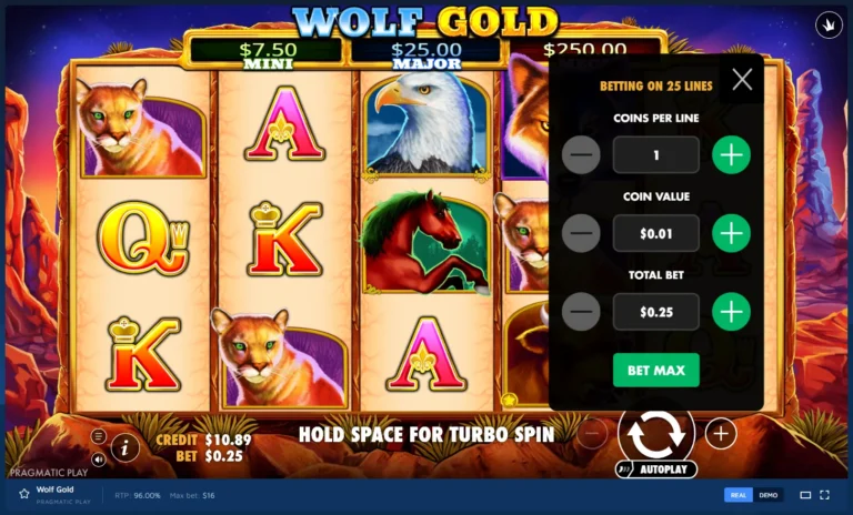 Wolf Gold screen showing a 5x3 reel grid with animal symbols and an open bet adjustment panel on the right.