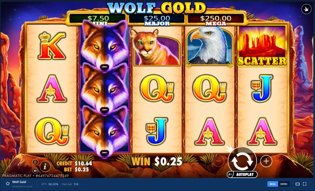 Wolf Gold gameplay: 5x3 slot reels featuring stacked wolves, eagles, cougars, card symbols, and jackpot counters.
