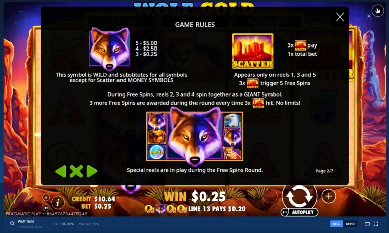 Wolf Gold rules screen showing Wild and Scatter payouts with Free Spins giant symbol diagram.