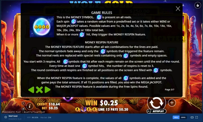 Wolf Gold game rules screen detailing the Money Symbol multipliers and Money Respin Feature rules.