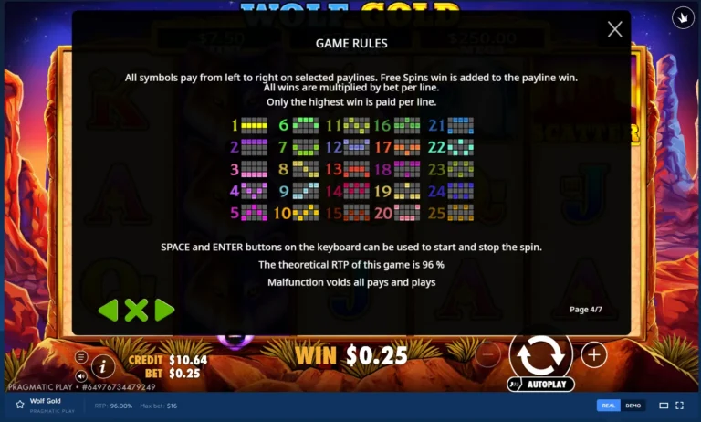 Wolf Gold game rules overlay showing 25 payline patterns, theoretical RTP of 96%, and slot controls.