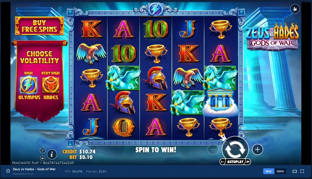 Zeus vs Hades - Gods of War base game with 5x5 reels, Olympus volatility mode, and Buy Free Spins button