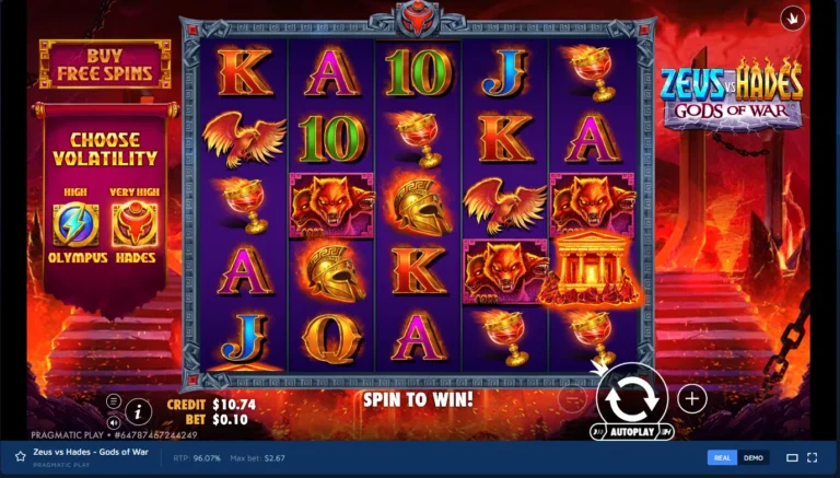 Zeus vs Hades - Gods of War gameplay: 5x5 fiery Hades reels, Cerberus symbols, and volatility selector.