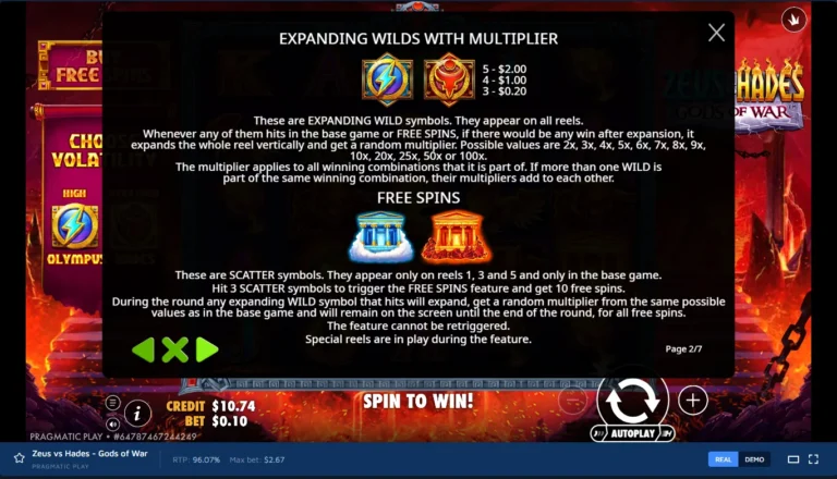 Zeus vs Hades - Gods of War rules page detailing Expanding Wilds with Multipliers and Free Spins features.