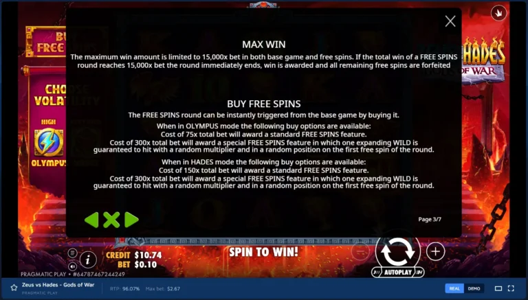 Zeus vs Hades - Gods of War info rules screen showing Max Win and Buy Free Spins details.