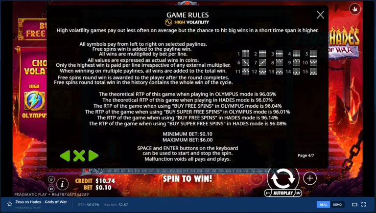 Zeus vs Hades - Gods of War rules page displaying 15 paylines, theoretical RTP values, and game mechanics.